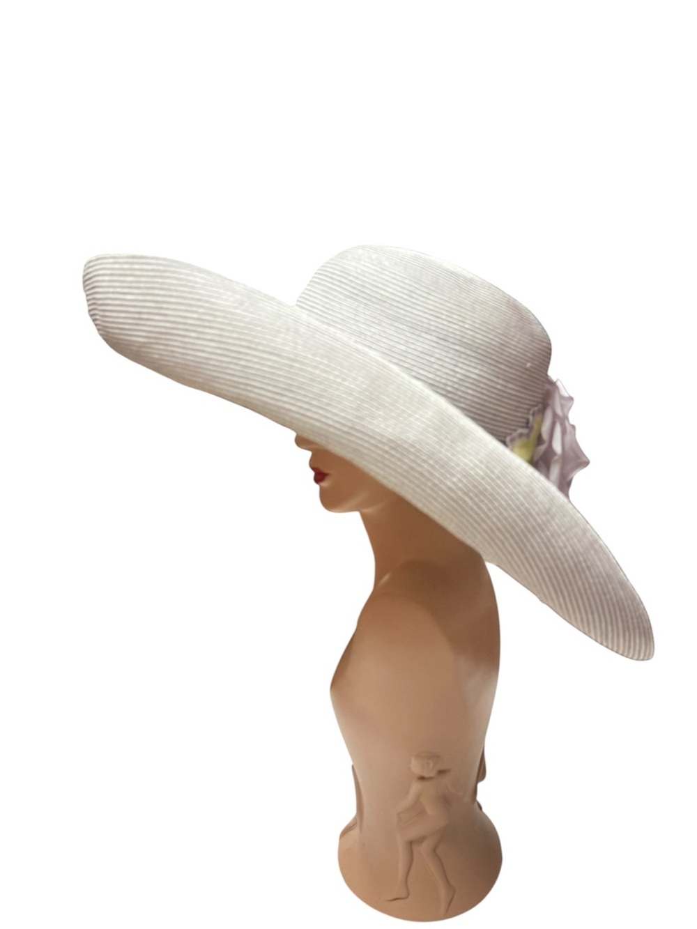 Vintage Eric Javits Wide-Brim Straw Sun Hat Lavender Rose Accent 18” - Picture 3 of 11